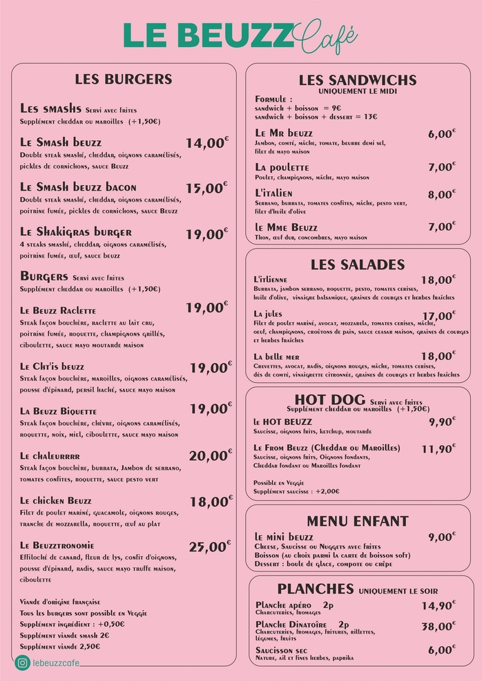 carte du restaurant Le Beuzz Café - recto