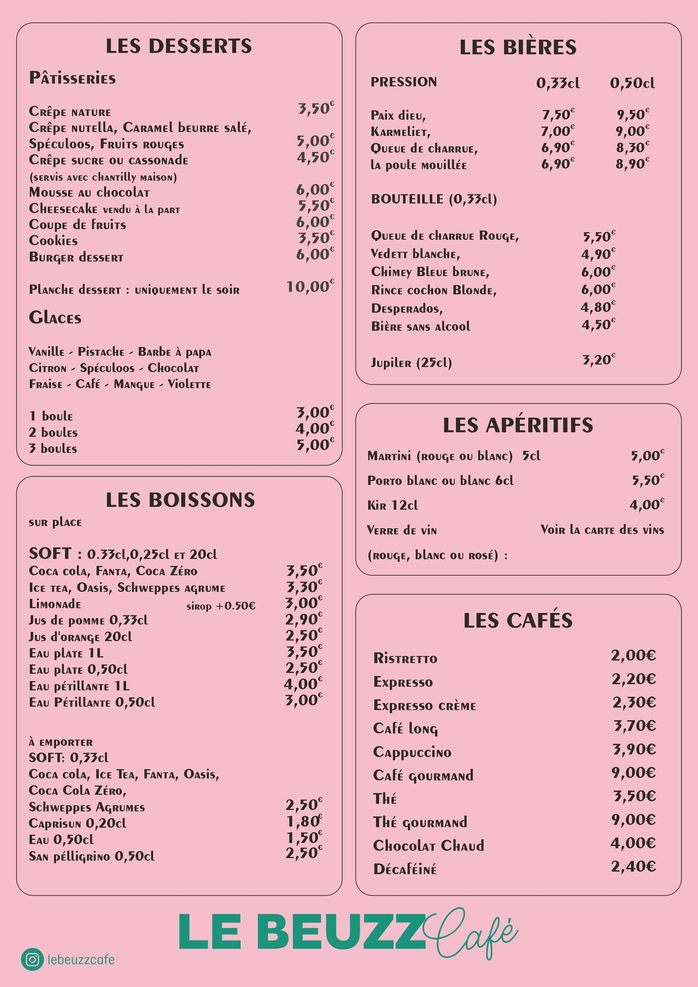 carte du restaurant Le Beuzz Café - verso